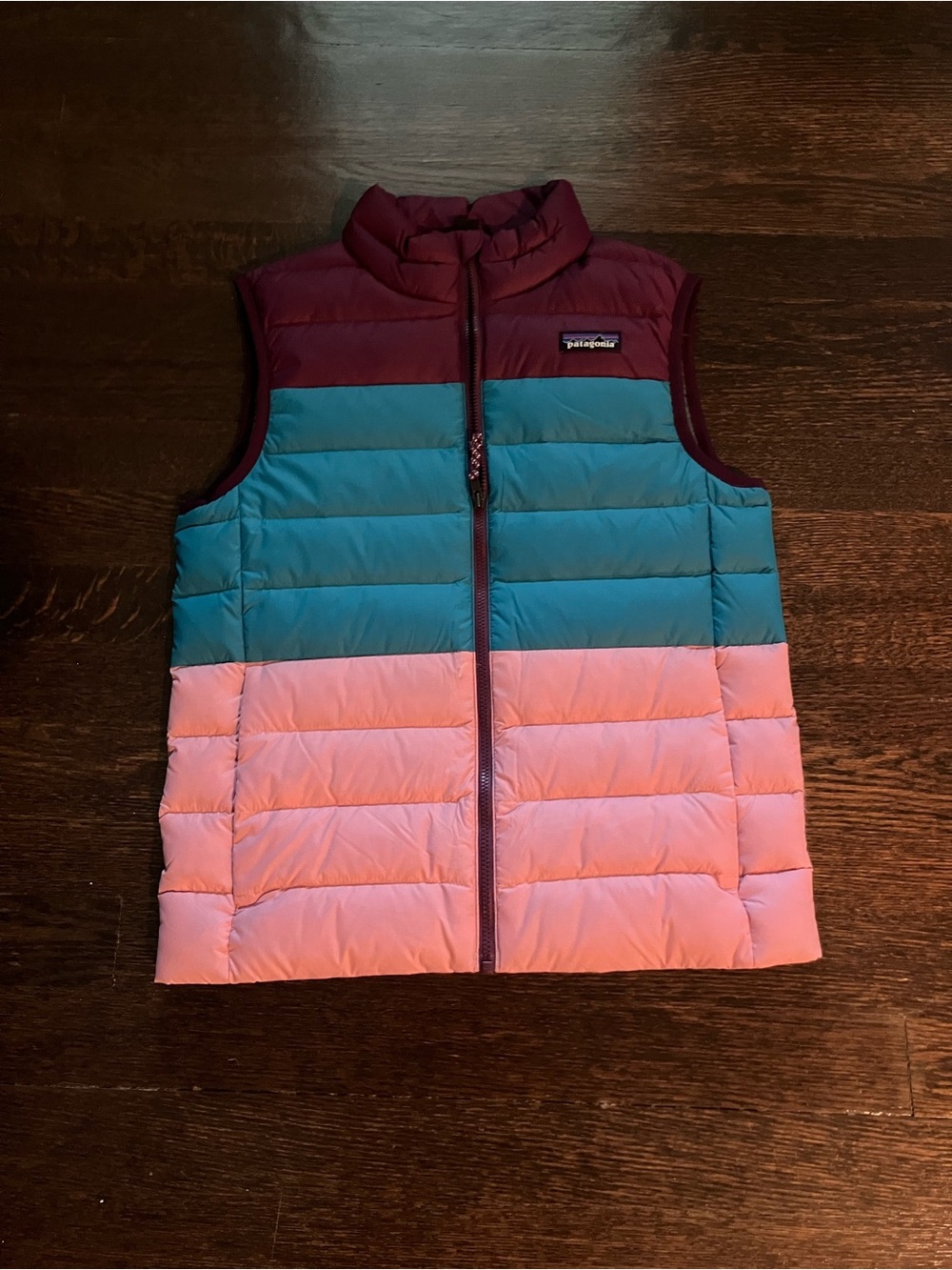 Patagonia Colorblock Puffer Vest in Burgundy, Teal & Pink